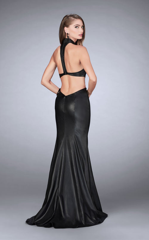 La Femme 24018 Satin Slit Halter Sleeveless Prom Dress