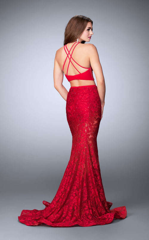 La Femme 24029 Satin Embroidered Slit Halter Prom Dress