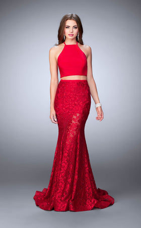 La Femme 24029 Satin Embroidered Slit Halter Prom Dress