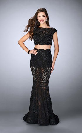 La Femme 24038 Lace Beaded Sequin Bateau Prom Dress