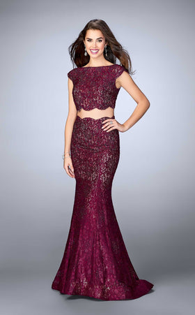 La Femme 24047 Lace Beaded Sequin Bateau Formal Dress