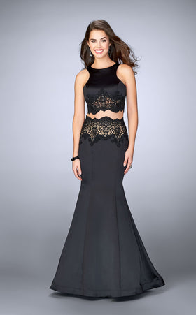 La Femme 24083 Satin Embroidered Slit Sleeveless Prom Dress