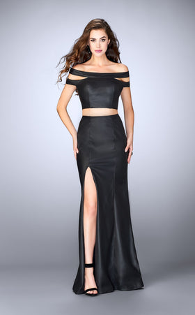 La Femme 24109 Satin Slit Off the Shoulder Fitted Prom Dress