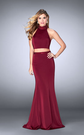La Femme 24119 Jersey Beaded Slit Halter Prom Dress
