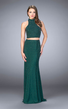 La Femme 24158 Beaded Sequin Slit Halter Formal Dress