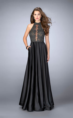 La Femme 24169 Satin Embroidered Slit Halter Prom Dress