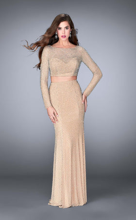 La Femme 24175 Tulle Slit Long Sleeves Sheath Prom Dress