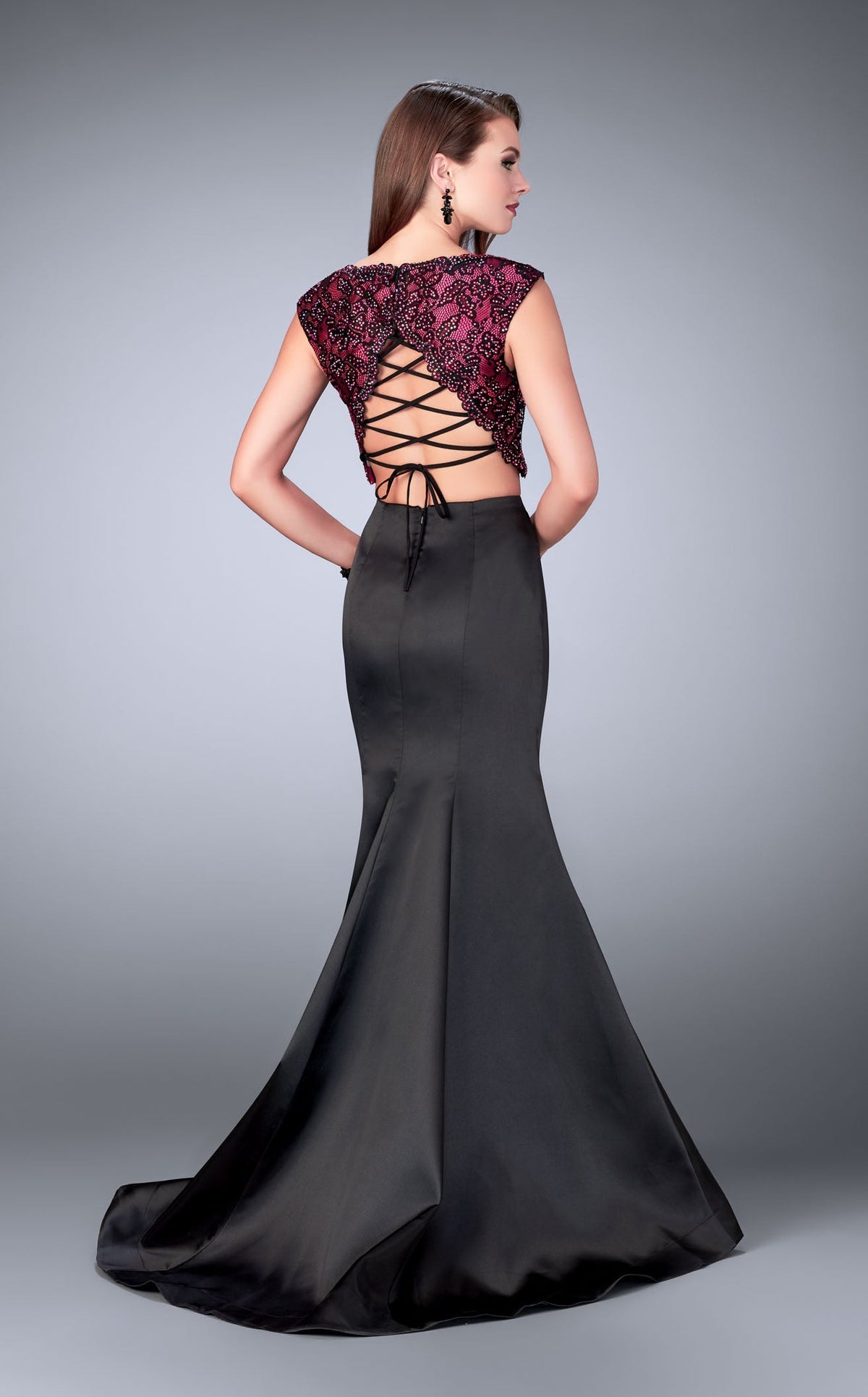 La Femme 24235 Satin Beaded Slit V Neck Prom Dress