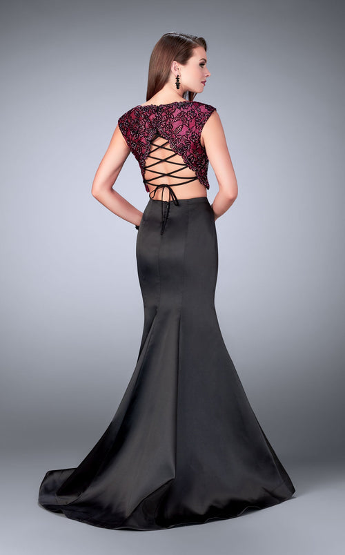 La Femme 24235 Satin Beaded Slit V Neck Prom Dress