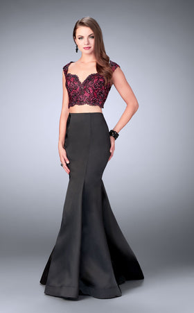 La Femme 24235 Satin Beaded Slit V Neck Prom Dress