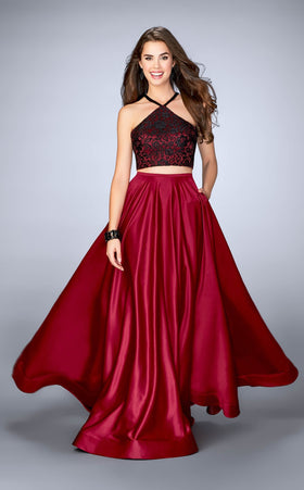 La Femme 24264 Satin Slit Sleeveless A Line Prom Dress