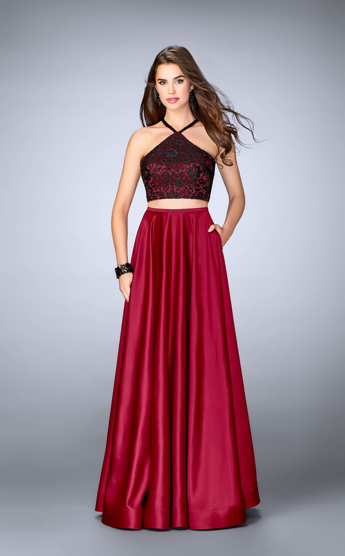 La Femme 24264 Satin Slit Sleeveless A Line Prom Dress
