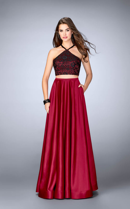 La Femme 24264 Satin Slit Sleeveless A Line Prom Dress