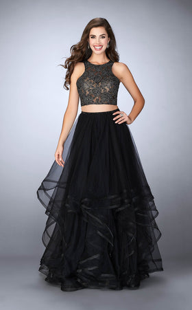 La Femme 24268 Tulle Slit Bateau Sleeveless Prom Dress
