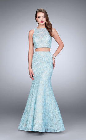 La Femme 24269 Satin Embroidered Slit Bateau Prom Dress