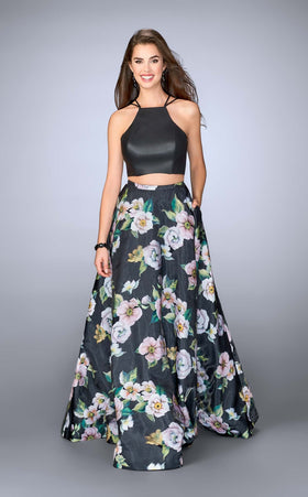 La Femme 24280 Satin Slit Halter Sleeveless Prom Dress