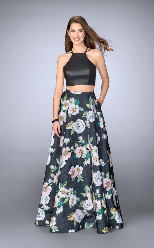 La Femme 24280 Satin Slit Halter Sleeveless Prom Dress