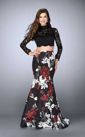 La Femme 24285 Satin Embroidered Slit Long Sleeves Prom Dress