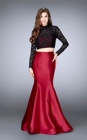 La Femme 24302 Satin Embroidered Slit Long Sleeves Prom Dress