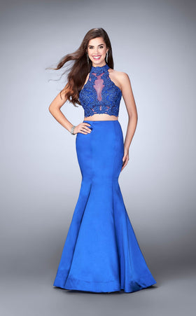 La Femme 24306 Satin Slit Halter Sleeveless Prom Dress