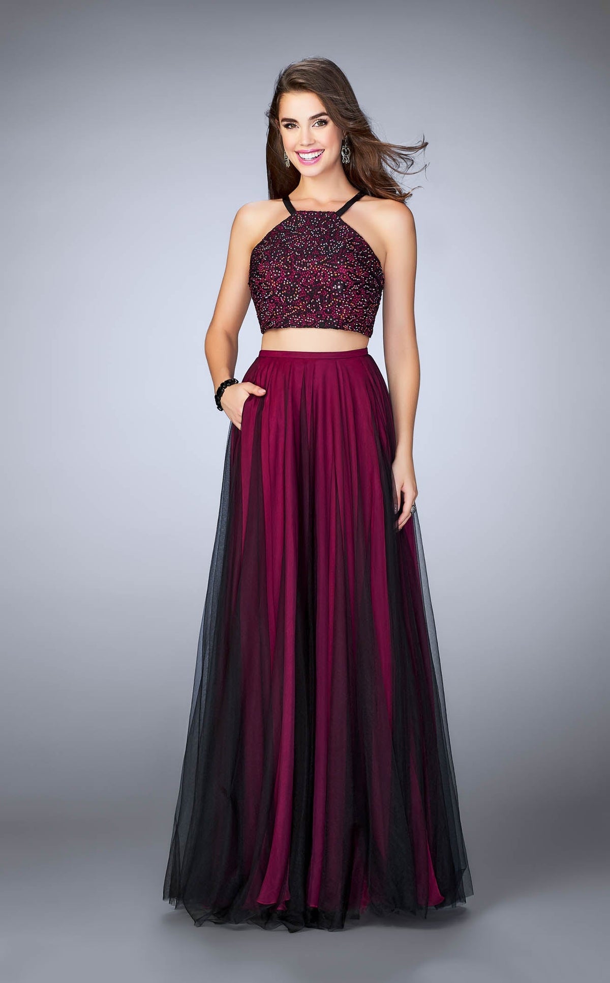 La Femme 24365 Satin Slit Halter Sleeveless Prom Dress