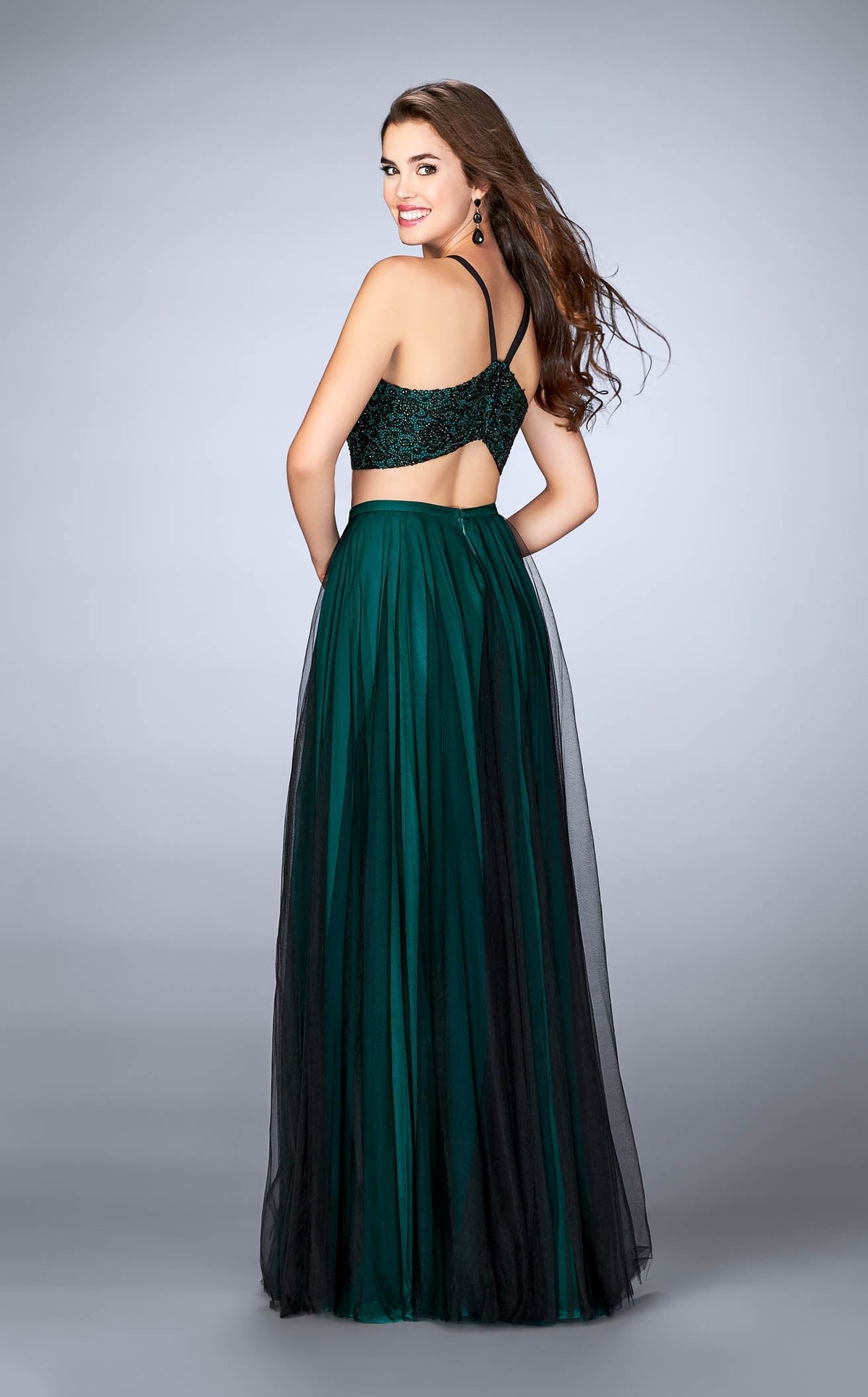 La Femme 24365 Satin Slit Halter Sleeveless Prom Dress