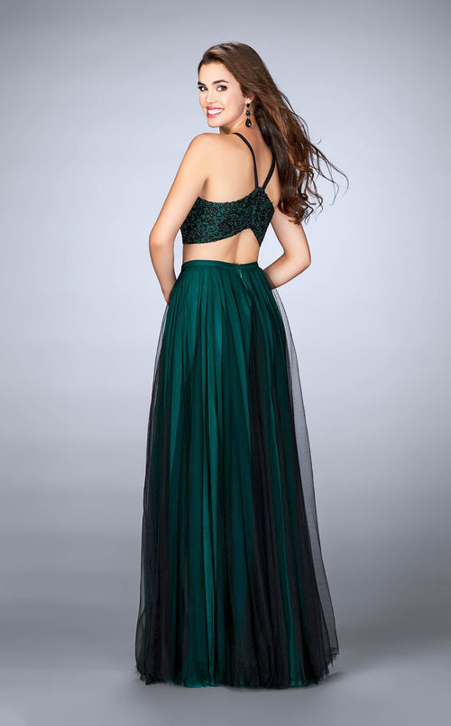 La Femme 24365 Satin Slit Halter Sleeveless Prom Dress