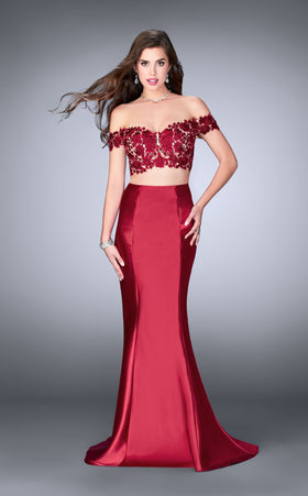 La Femme 24413 Satin Slit Off the Shoulder Mermaid Prom Dress