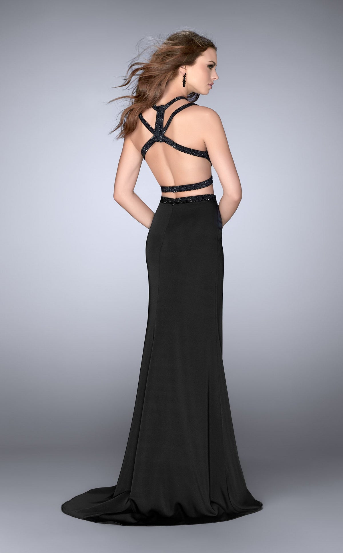 La Femme 24420 Satin Slit Halter Sleeveless Prom Dress