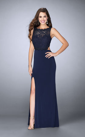 La Femme 24484 Satin Embroidered Slit Bateau Prom Dress