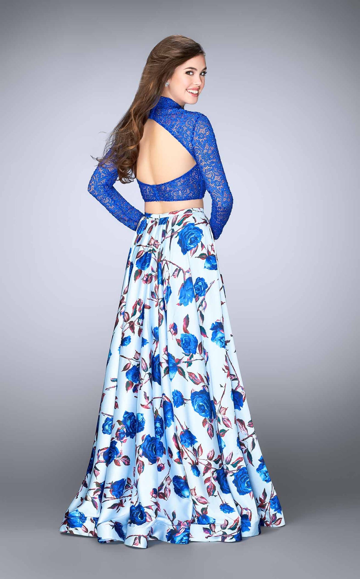 La Femme 24507 Satin Slit Floral Long Sleeves Prom Dress