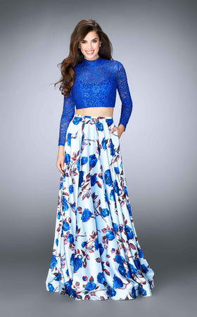 La Femme 24507 Satin Slit Floral Long Sleeves Prom Dress