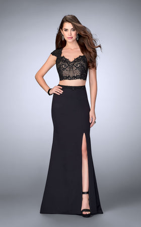 La Femme 24553 Satin Slit V Neck Mermaid Prom Dress