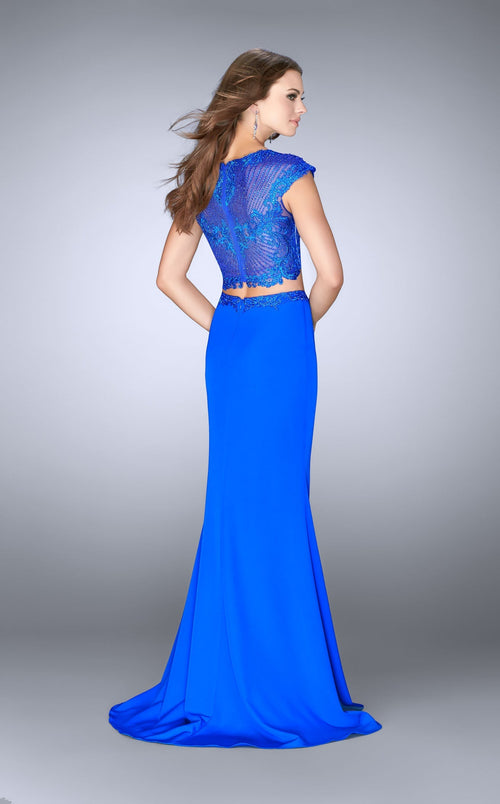 La Femme 24553 Satin Slit V Neck Mermaid Prom Dress
