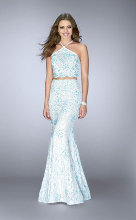 La Femme 24637 Tulle Slit Halter Sleeveless Prom Dress