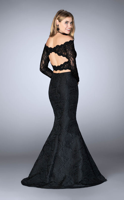La Femme 24648 Satin Embroidered Slit Off the Shoulder Prom Dress