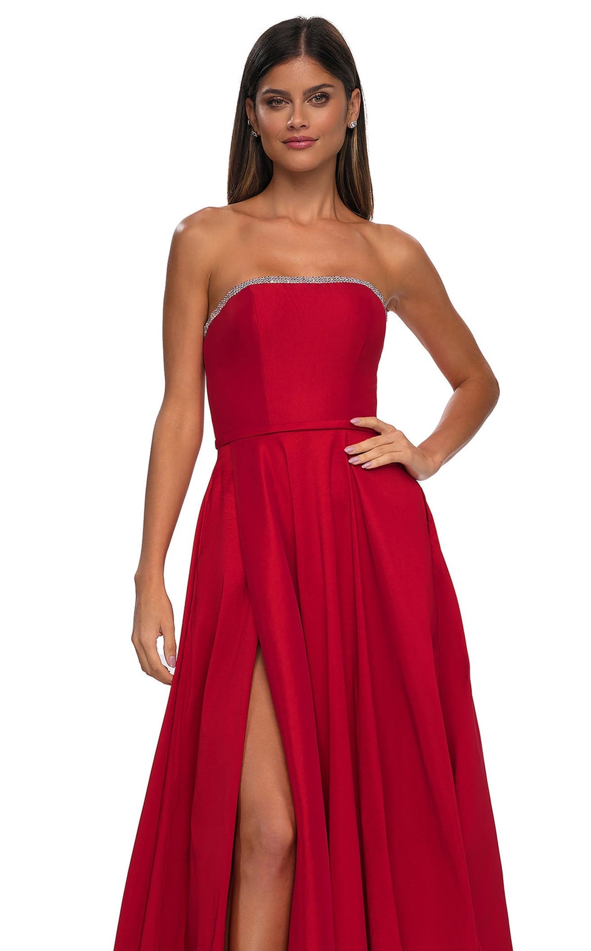 La Femme 33063C Satin Slit Sleeveless A Line Prom Dress