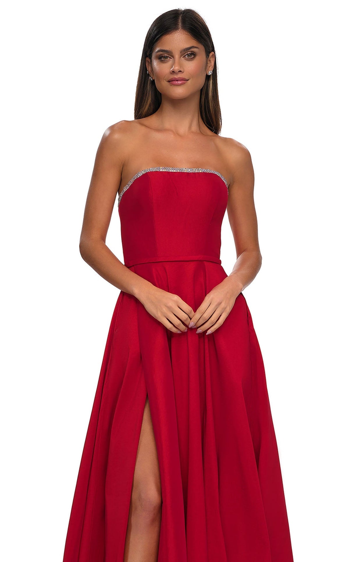 La Femme 33063C Satin Slit Sleeveless A Line Prom Dress