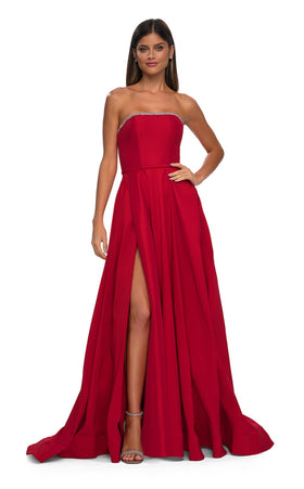 La Femme 33063 Satin Slit Sleeveless A Line Prom Dress