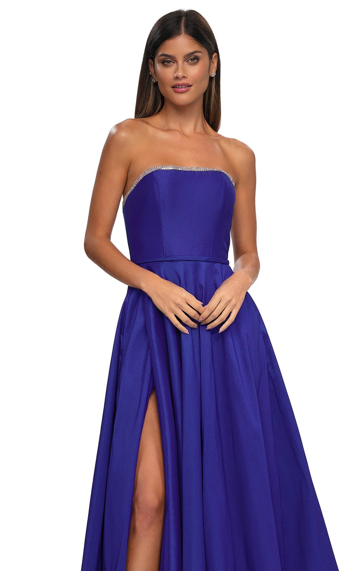 La Femme 33063C Satin Slit Sleeveless A Line Prom Dress