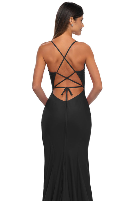 La Femme 33080C Jersey Slit V Neck Sleeveless Prom Dress