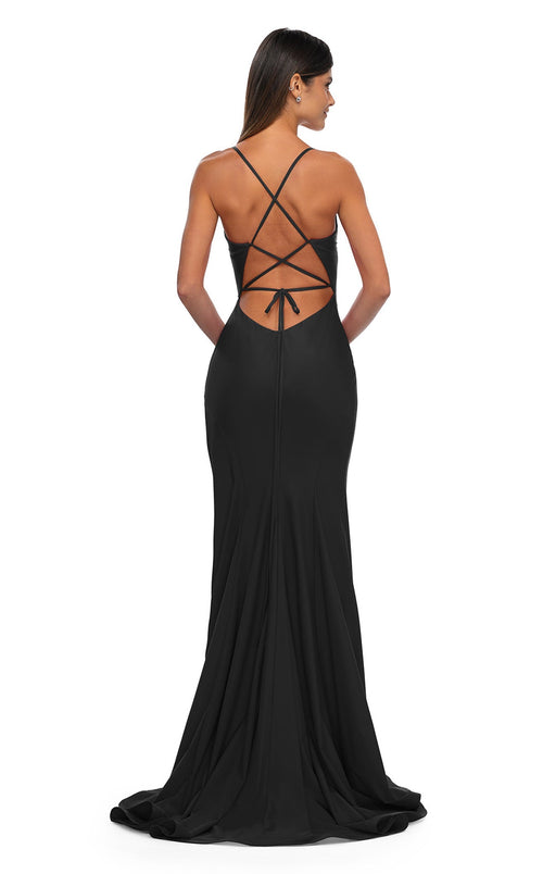 La Femme 33080 Jersey Slit V Neck Sleeveless Prom Dress