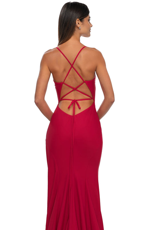 La Femme 33080 Jersey Slit V Neck Sleeveless Prom Dress
