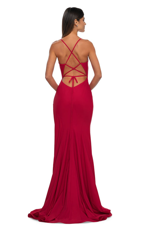 La Femme 33080C Jersey Slit V Neck Sleeveless Prom Dress