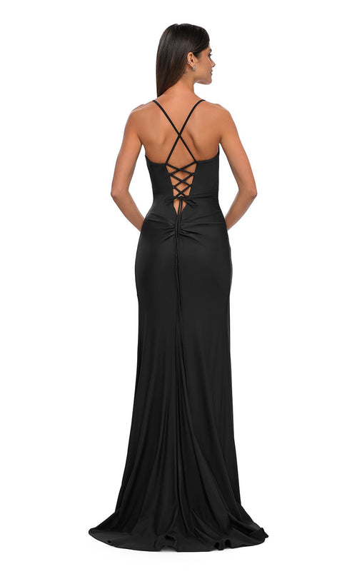 La Femme 33103C Jersey Slit V Neck Sleeveless Prom Dress