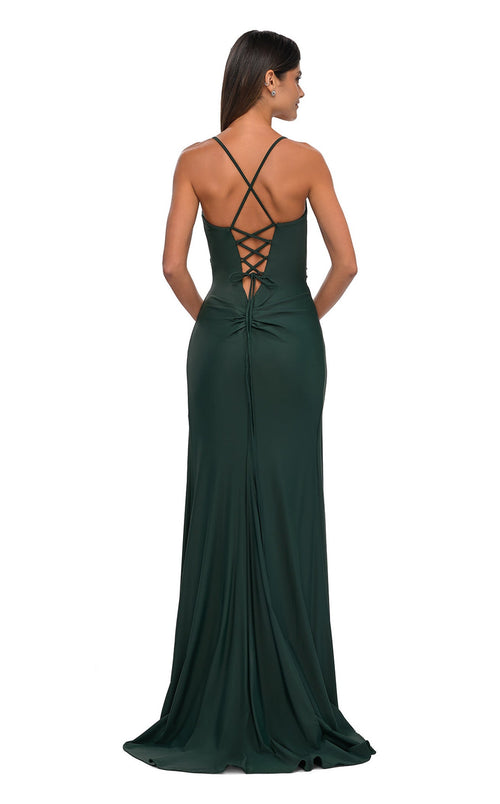 La Femme 33103 Jersey Ruched Slit V Neck Prom Dress