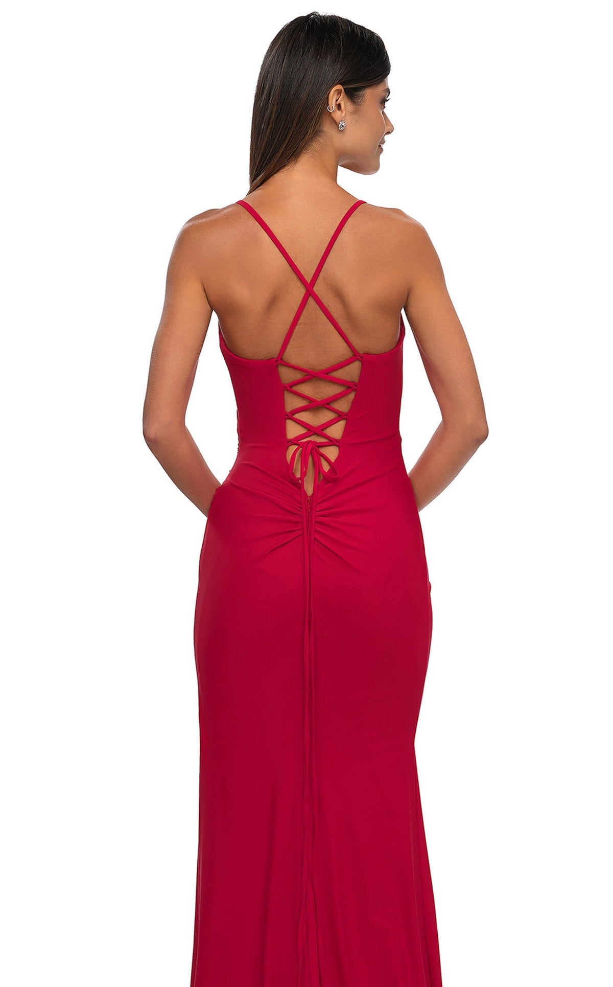 La Femme 33103 Jersey Ruched Slit V Neck Prom Dress