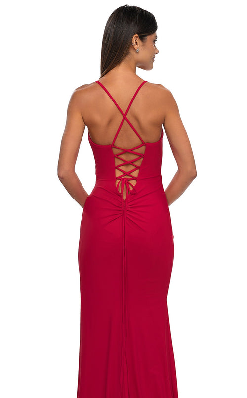 La Femme 33103 Jersey Ruched Slit V Neck Prom Dress