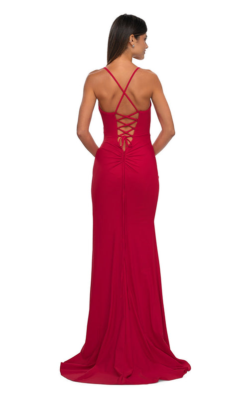 La Femme 33103 Jersey Ruched Slit V Neck Prom Dress