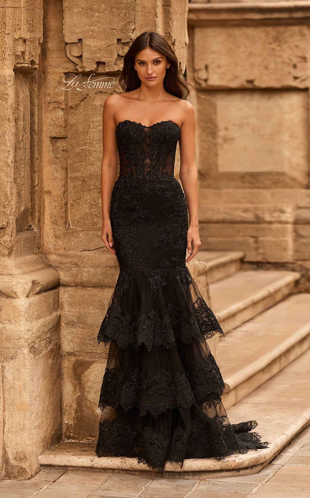 La Femme 33563 Tulle Embroidered Slit Sleeveless Prom Dress